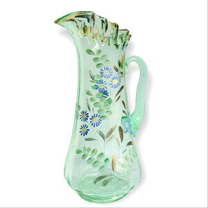 Light Green Glass Pitcher Hand Painted Raised Flowers Victorian Style 12.5in
